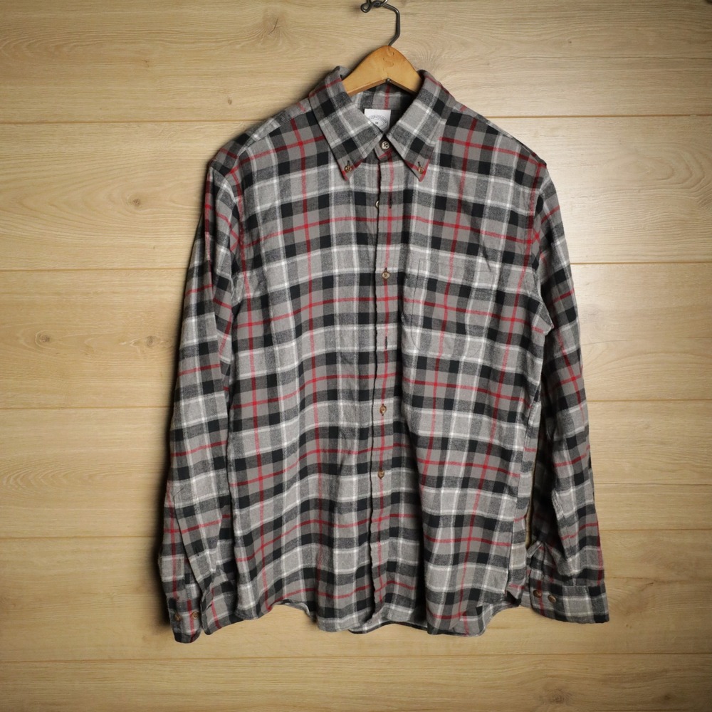 Brooks Brothers Flannel Shirt Mens Medium Gray Black Red Plaid Regent Fit‎